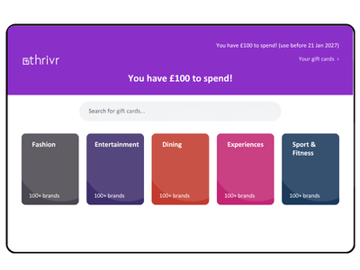 Thrivr Rewards portal showing category tiles including Fashion, Entertainment, Dining and Sport