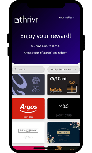 Thrivr app reward wallet showing gift card options from Argos, M&S, Halfords and The White Company